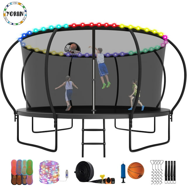YORIN Trampoline pour Enfants de 7 à 8 Ans, Trampoline de 14 Pi pour Adultes avec Filet de Protection, Panier de Basketball, Échelle, Trampoline Récréatif Extérieur de 1400 Lb, Trampoline Robuste avec Lumière, Arroseur, Bas