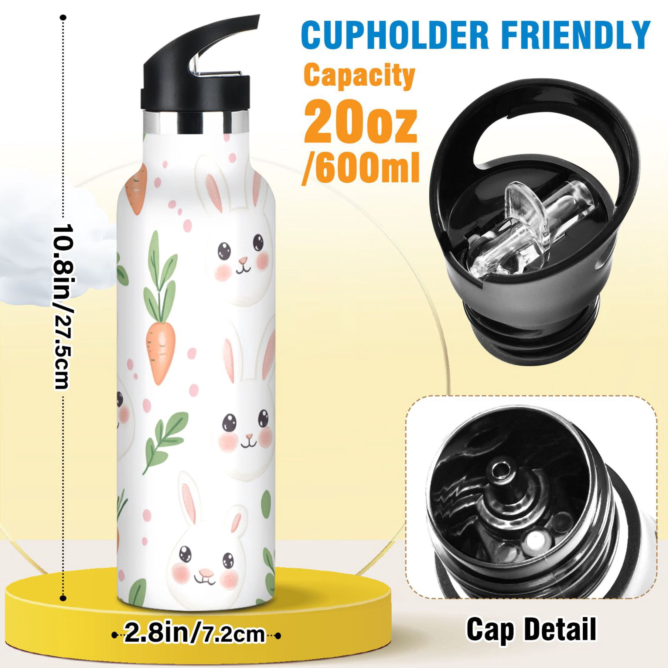 Kids Insulated Stainless Steel Sports Water Bottle 600ml (20oz) White Rabbits and Carrots