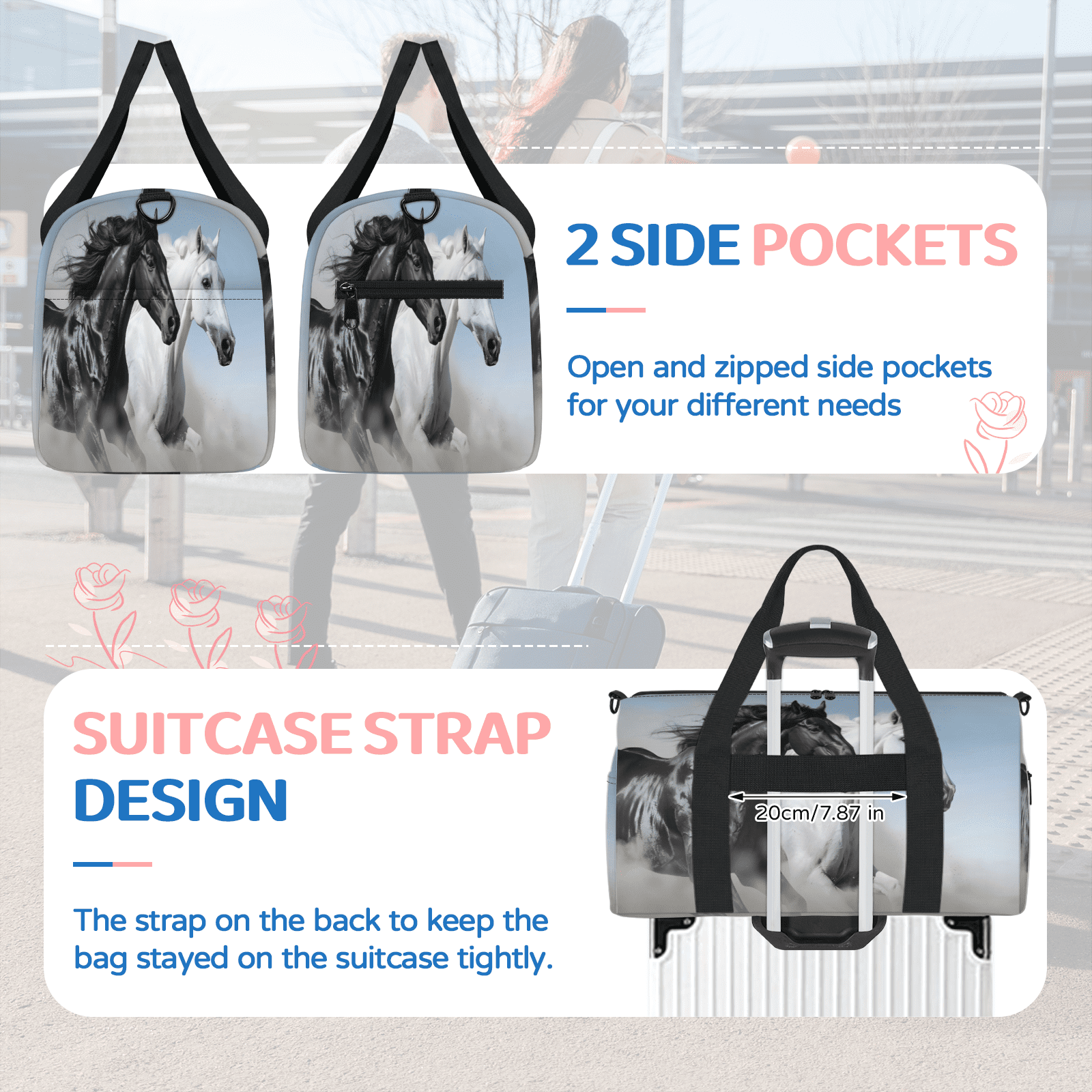 Herdesigns Horse Travel Duffle Bag Sports Yoga Weekender Overnight Carry on Workout Bags Lightweight Waterproof Gym Tote Bag for Women