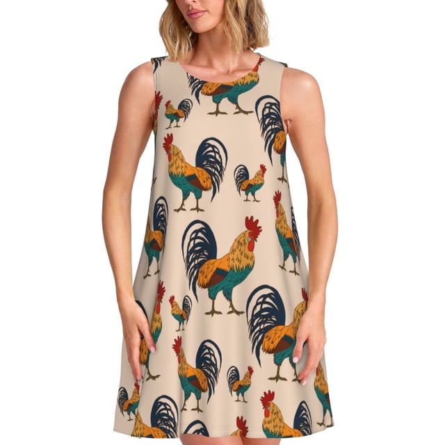 Balery Rooster Vestidos de verano para mujer con estampado: vestido holgado sin mangas, vestido playero informal y cómodo para días calurosos.