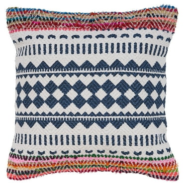 Laddha Home Designs 18" Navy Blue and White Globally Inspired Chindi Square Throw Pillow