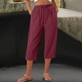 thumbnail image 6 of LJEFF Womens Cotton Linen Capri Pants, Lace Trim Drawstring Elastic Waist Pocket Summer Cropped Trousers Wine, 6 of 6