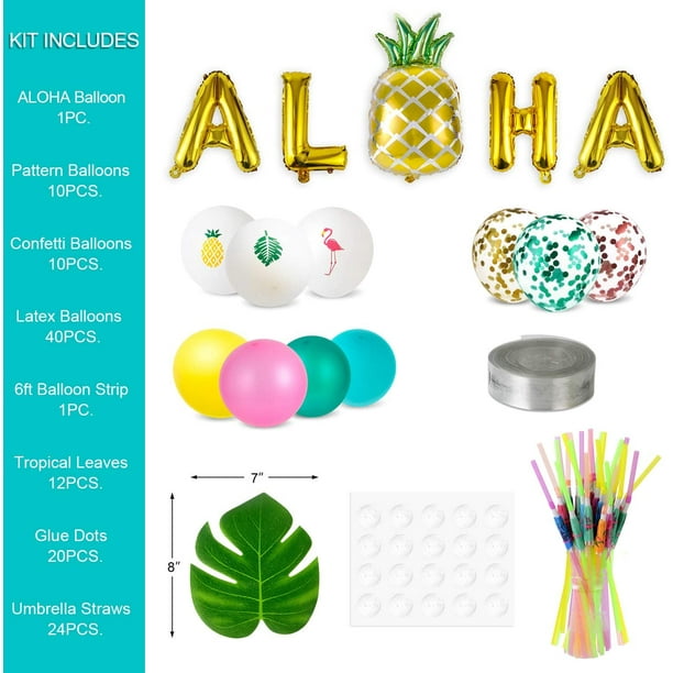 Cpdd Luau Party Supplies - Hawaiian Decorations Set 96pcs Aloha Banner/Tropical Leaves/Confetti Balloon Arch/Drinking Straws - Flamingo Pineapple Summ