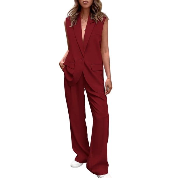 Conjunto PRETTYGARDEN Rojo Vino Chaleco sin Mangas Pantalones Palazzo Talle XL