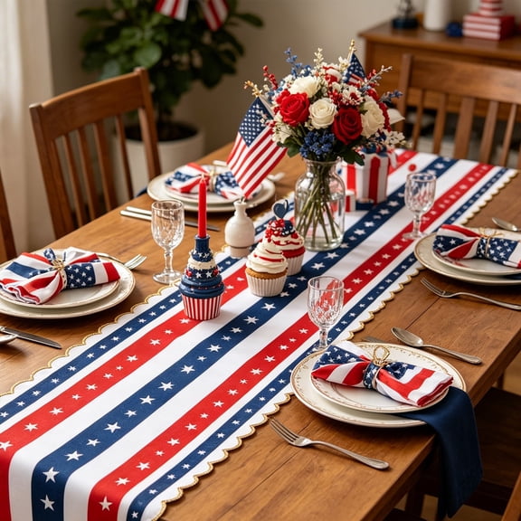 Cififendec Patriotic Star Stripe Table Runner, 70.86"×13", Long Table Scarf for Wooden Dining Table & Indoor Memorial Day Birthday Party Tabletop Decor