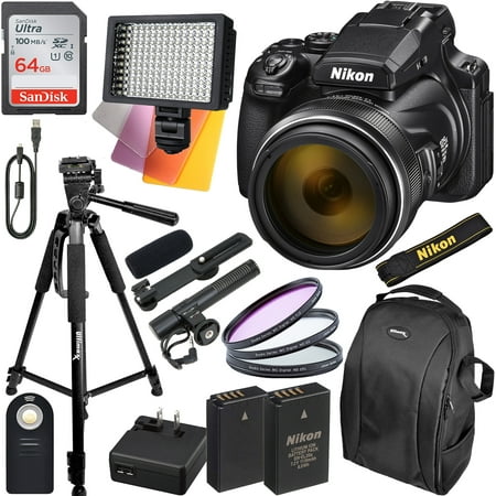 Ultimaxx Essential Nikon COOLPIX P1000 Digital Camera Bundle - Includes: 64GB Ultra Memory Card, 160 LED Video Light, 1x Spare Battery & More