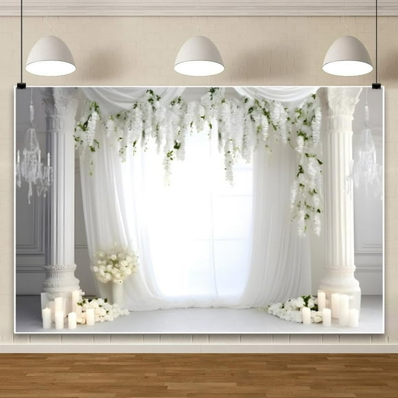 5x3ft White Flower Curtain Wedding Backdrop Draping Fabric Grass Fringe Floral Wall Bridal Shower Photography Background Wedding Birthday Party Decorations Photo Studio Booth Props