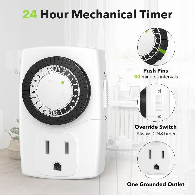 TiFFCOFiO Indoor Mechanical Outlet Timer, 3 Prong Timers for Electrical  Outlets, 24-Hour Programmable Plug in Light Timer, ETL Listed (2 Pack) -  Yahoo Shopping