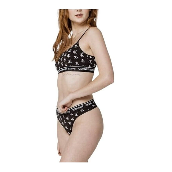 Calvin Klein Women's CK One Cotton Thong Panty, Staggered Logo Black, S