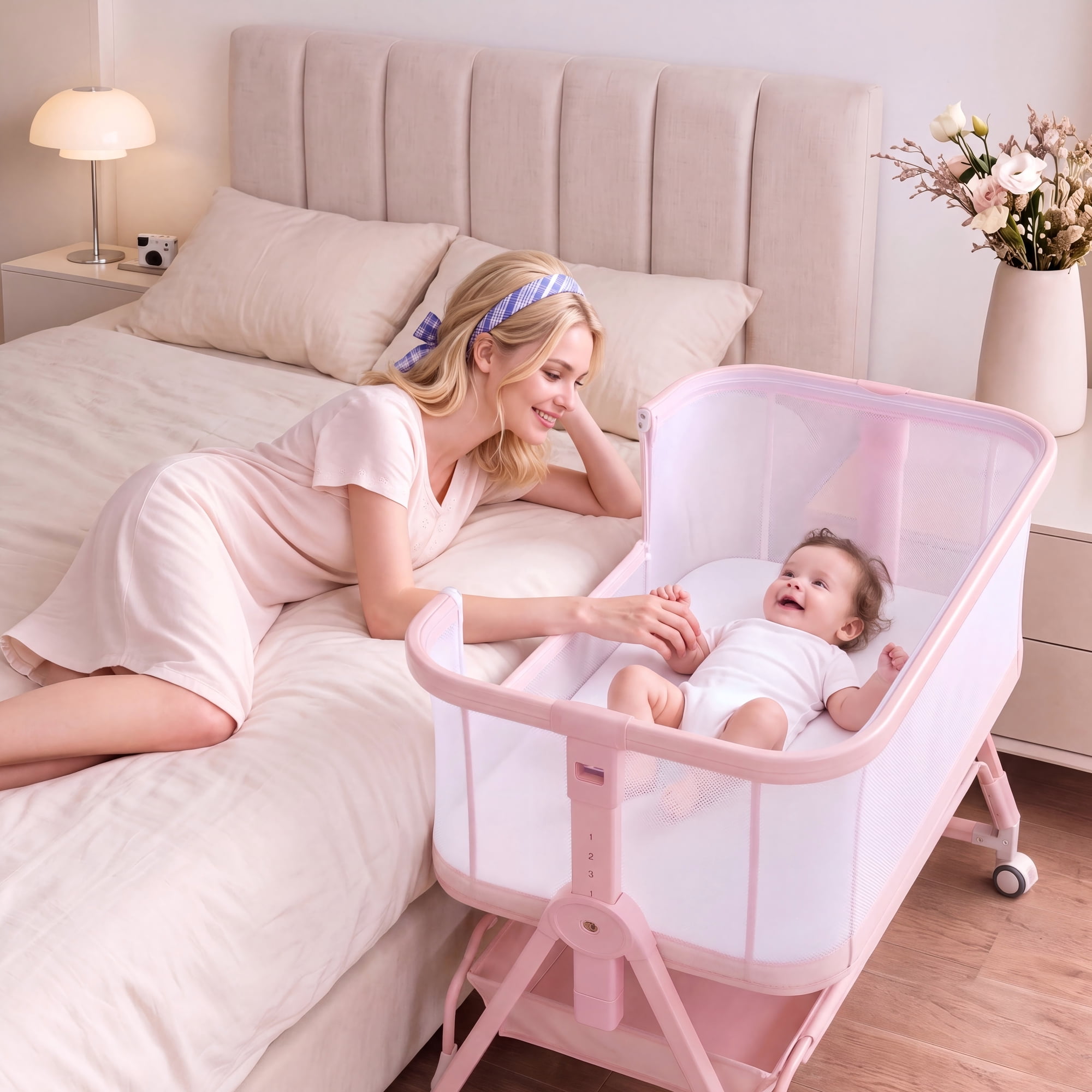 PRVAETU Baby Bassinet Bedside Sleeper,6-Level Height Adjustable Bedside Crib with Wheels & Breathable Mesh for Newborns Infants Boys Girls,Pink