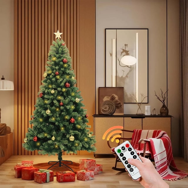 CazToi 6ft Pre-Lit Artificial Christmas Tree with LED Lights Metal Stand for Home Office Holiday Decor