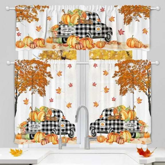 Fall Kitchen Curtains, Fall Decor for Home Gnomes Truck Valances for Windows, Autumn Thankgiving Kitchen Curtains and Valances Set Fall Decorations for Home, 27x24 2 Panel & 54x18 Inch Tier Set