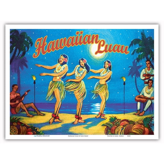 Hawaiian Luau - Hawaii Hula Dancers - Vintage Hawaiian Travel Poster by Rick Sharp - Master Art Print (Unframed) 9in x 12in