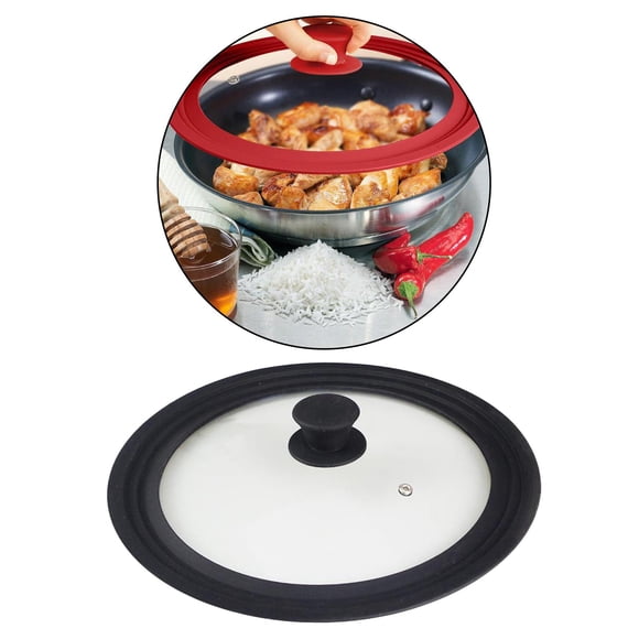 Tapa de de Vidrio con Ventilación de Acero Inoxidable con Borde de Silicona, Ajustes Universales, 16/18/, 24/26/28 Cm, 28/30/32 Cm , Black_22cm Negro_22cm perfecl macetas tapas tapas