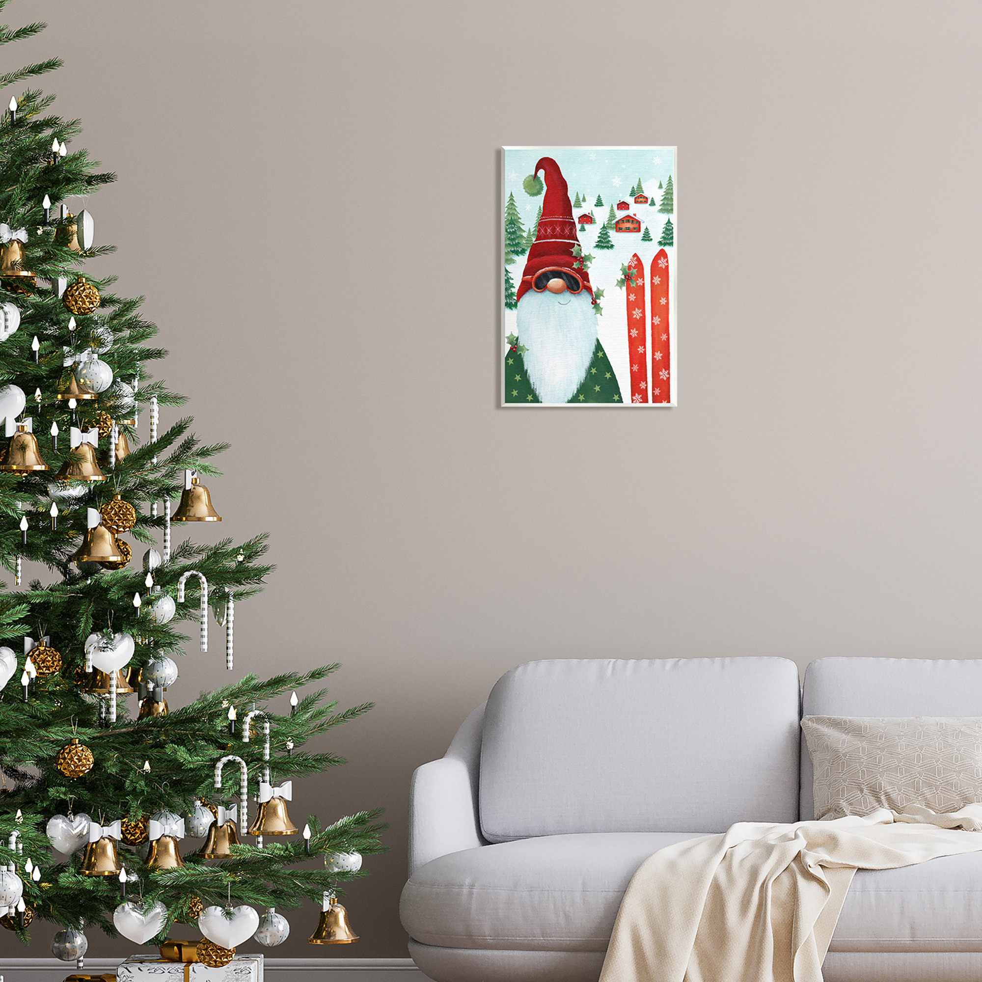 Stupell Industries Gnome Skiing Winter Slopes Holiday Painting Unframed Art Print Wall Art, 13 x 19