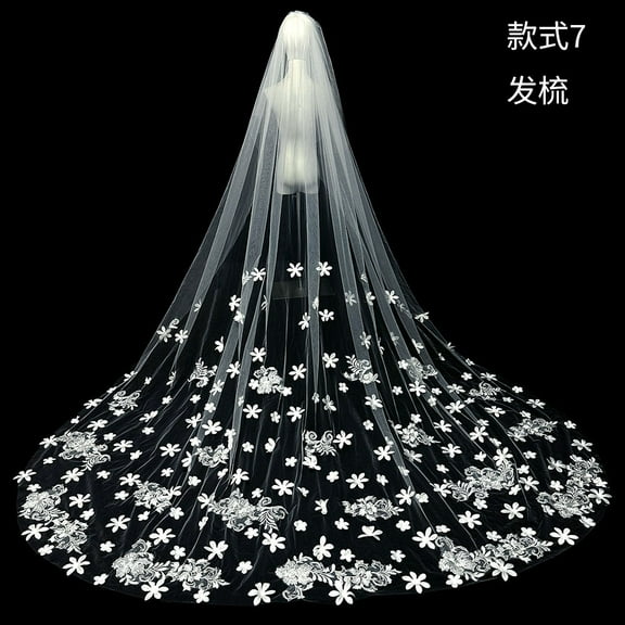 Zhuge White Ivory Wedding Veils Lace Edge Cathedral Length Wedding Bridal Veil with Comb for Women, 149.6*118 Inches，Can cover the face，F