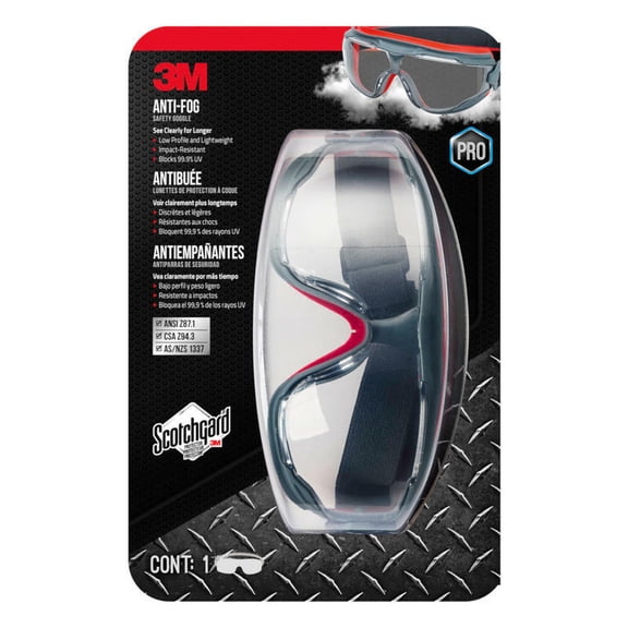 3M Safety Goggles with Scotchgard Protector, Clear Anti-Fog, Anti-Scratch Impact-Resistant Lenses, Gray/Red Frames, Model# 47212H1-VDC