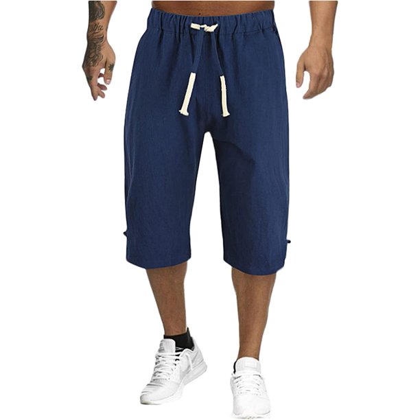 Pantalones cortos de lino para hombre, estilo casual, color sólido, sueltos, rectos, elásticos, con cordón, para verano, playa, yoga, con bolsillos 04-azul marino G 04-azul marino G Xishao ropa