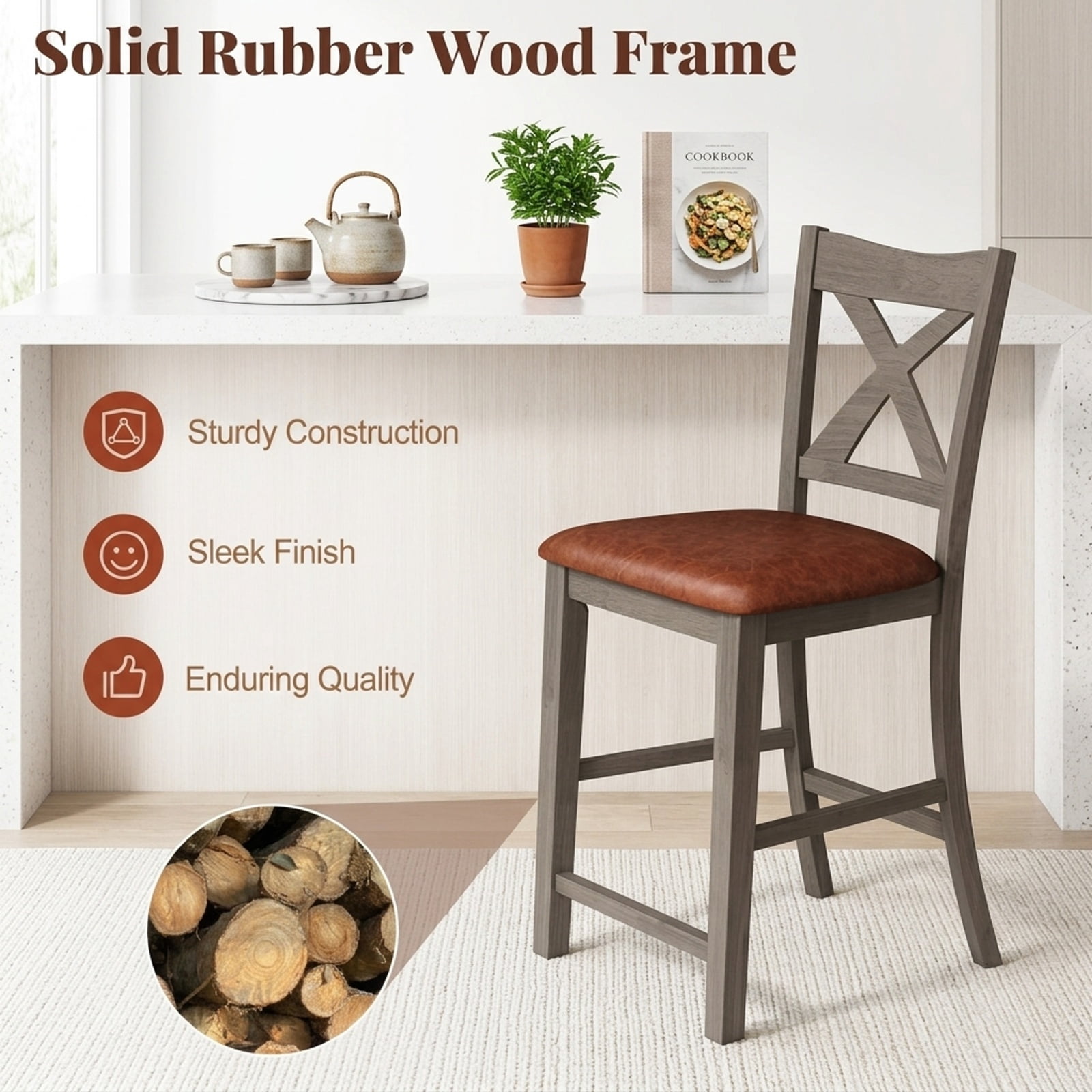Furnibear Bar Stools Set of 2 with Cross Back and Faux Leather Upholstered Seat
