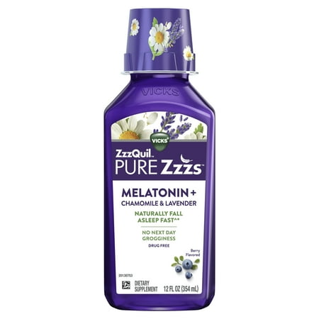 Vicks ZzzQuil Pure Zzzs Melatonin Sleep Aid Liquid, Dietary Supplement, Berry Chamomile and Lavender, 12 fl oz
