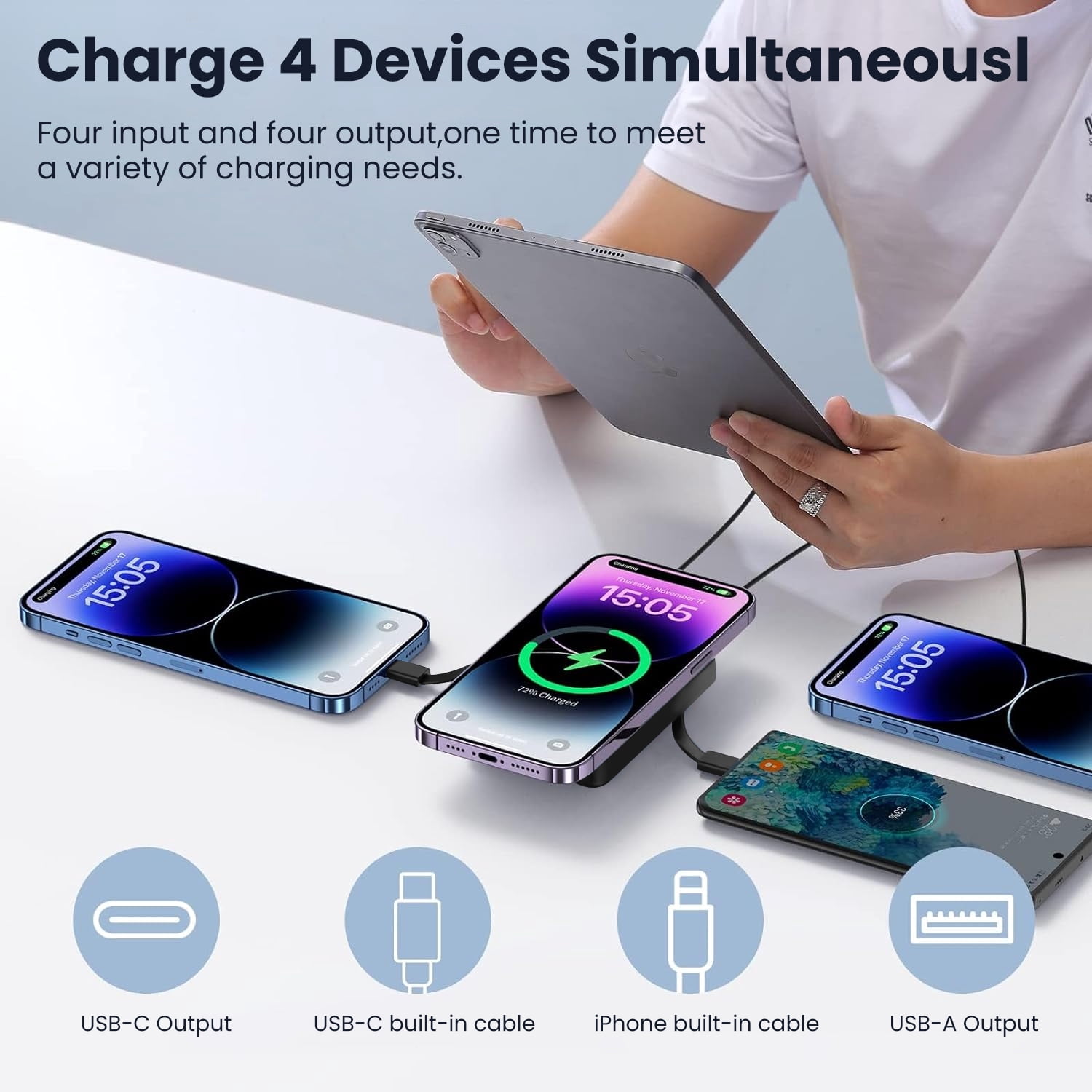 GASYESOY Portable Charger,10000mAh 20W Power Bank,Built-in Cables Fast Charging,with LED Display for iPhone 16/15/14/13/12 and Android,Black