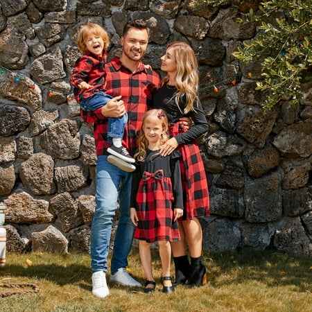 

PatPat Christmas Family Matching Outfits Set Red Buffalo Plaid Splicing Dresses Shirts Splicing Mommy and Me Dress Midi Skirt Mens Button up Lapel Long Sleeve T-shirt with Pocket