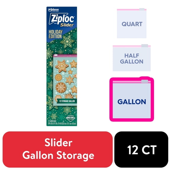 Ziploc® Brand Holiday Storage Gallon Slider Bags, 12 Count, Reusable, Easy-Close Slider, Expandable Bottom, Power Shield Technology, Limited Edition, Festive Holiday Designs