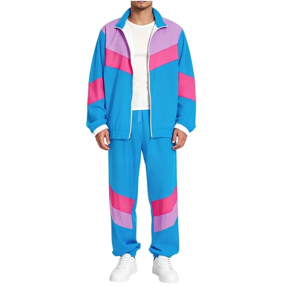 Men Retro Track Suit Zip Jacket Jogger Pants Throwback Party Daily Outfit Color Block 2-Piece
