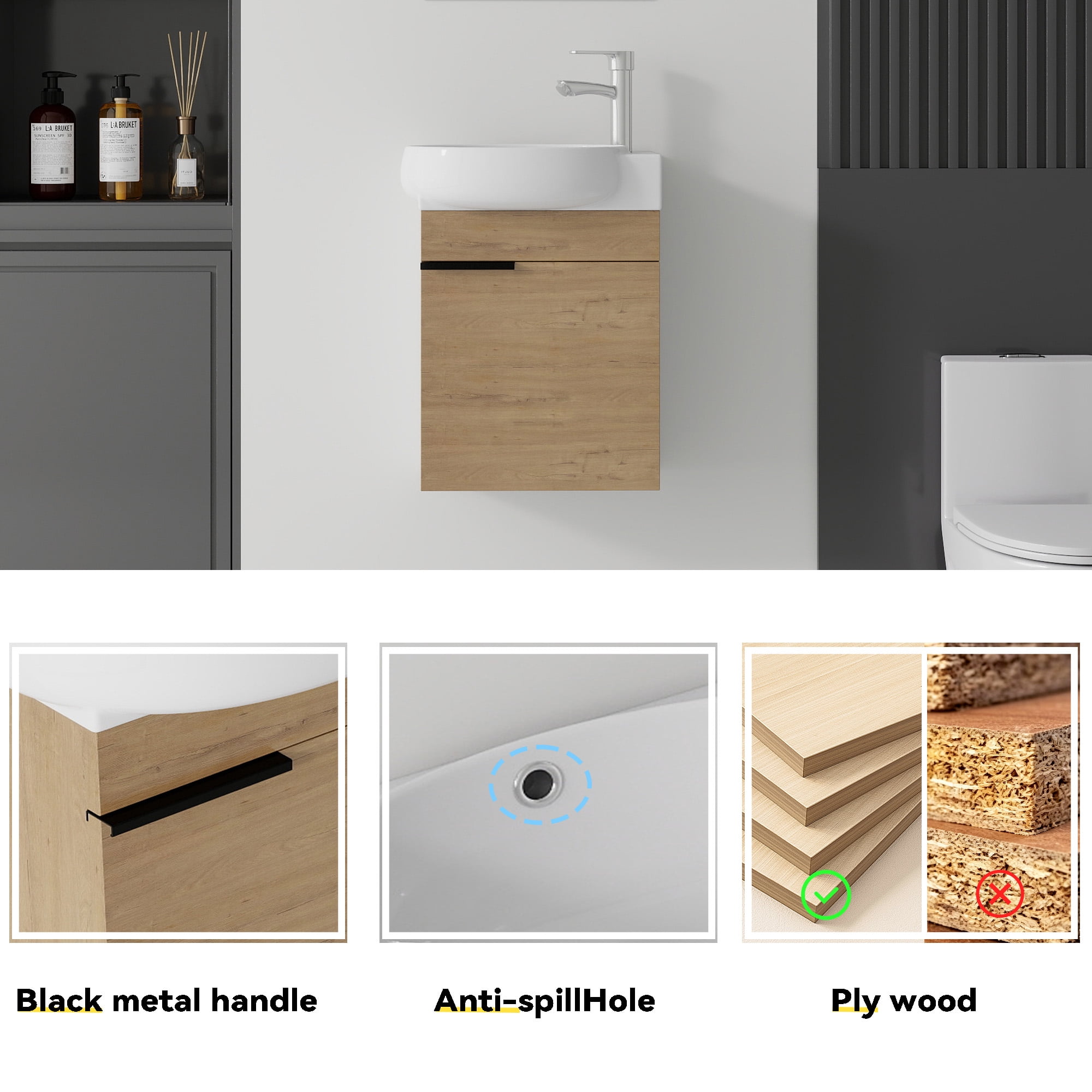 Leumius 16" Wall-Mount Bathroom Vanity Cabinet with with Ceramic Sink & Soft‑Close Doors for Small Space,Bathrooms,Oak