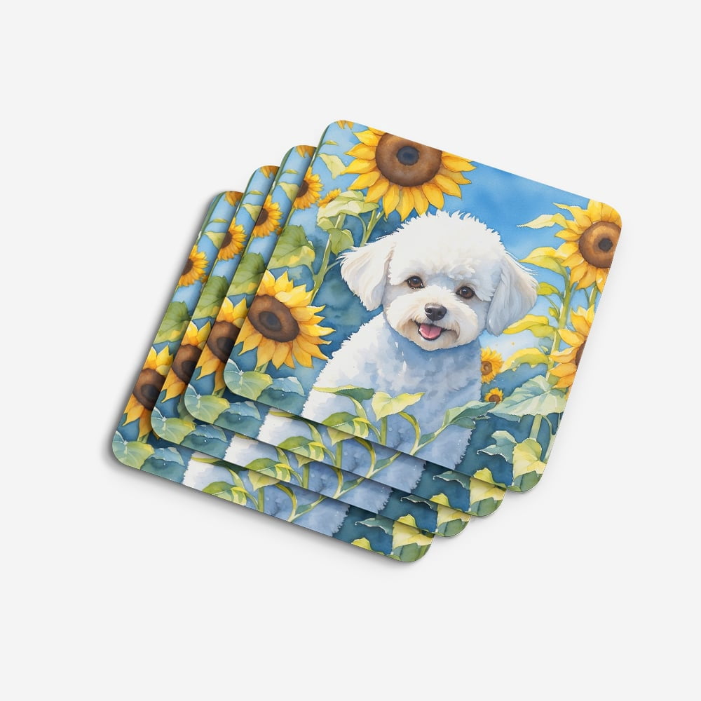 Bichon Frise in Sunflowers Foam Coasters 3.5 in x 3.5 in