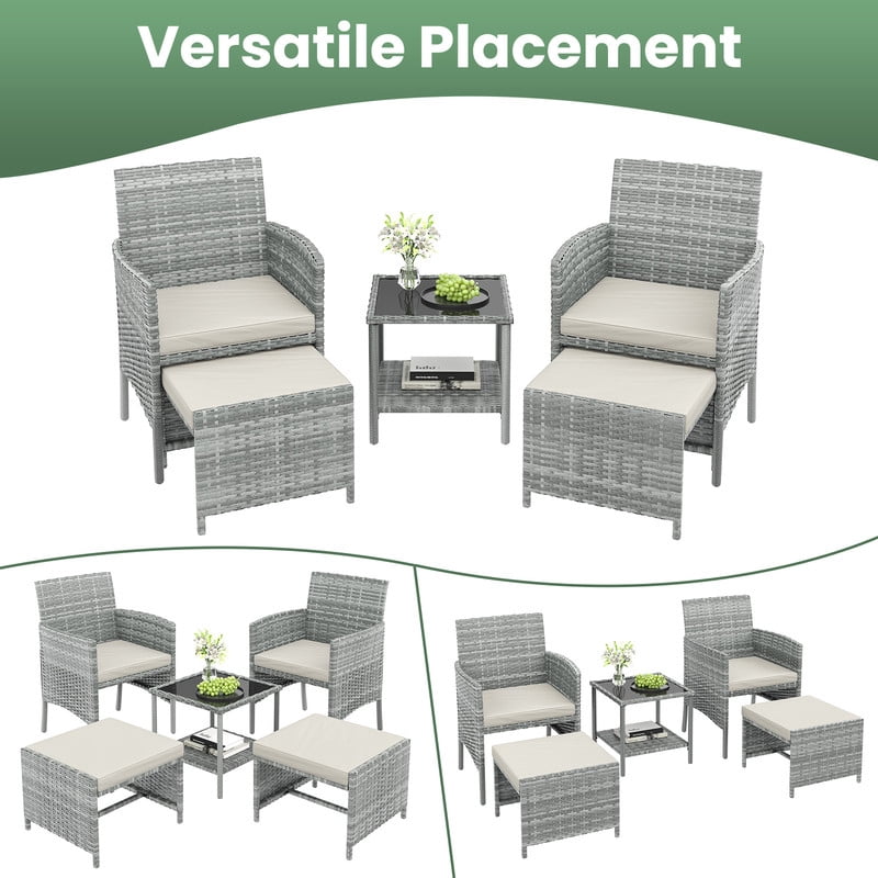 ELPOSUN 5 Piece Patio Furniture Set, Outdoor PE Wicker Chairs for Two with Ottoman Underneath,Beige