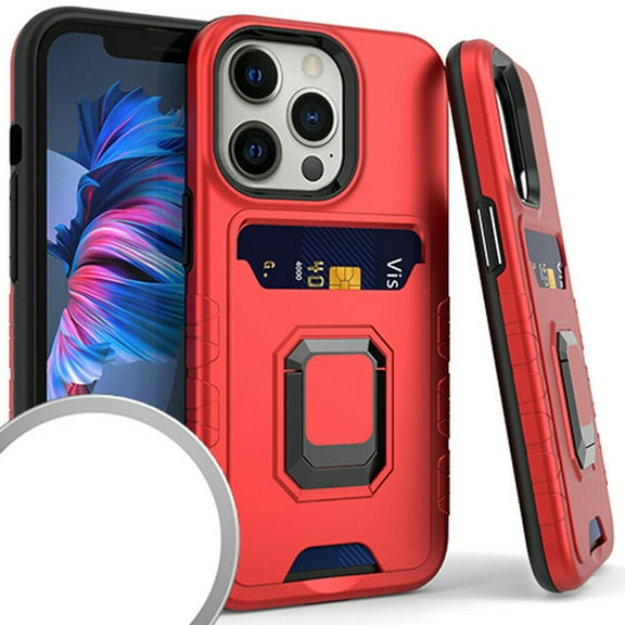 Kaleidio Case For iPhone 13 Pro Max (6.7") [Robust Hybrid] Protective Card Slot [Magnetic Ring Stand] Impact Cover [Red/Black]