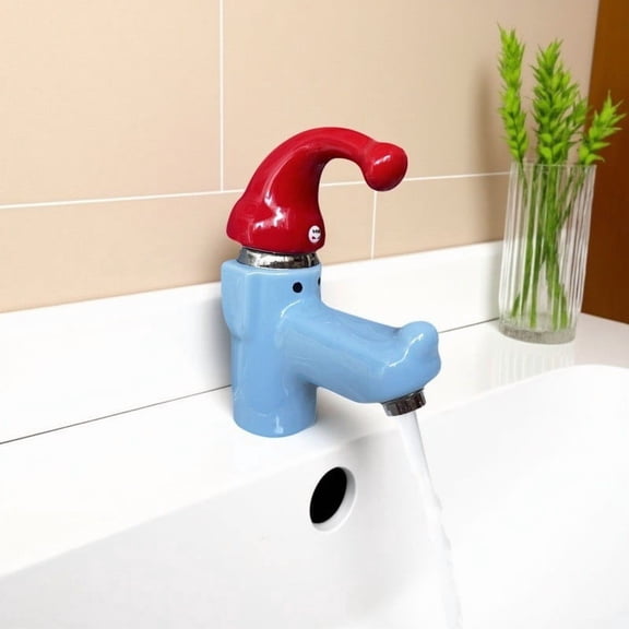 FHBVT Ceramic Cold Faucet Cute Red Hat Washbasin Faucet Leak Proof Rounded Edges Easy Reach Faucet for Washbasin Bathroom Bedroom Basin Decoration Home Sanitary Ware Fixture Daily Cleaning Use