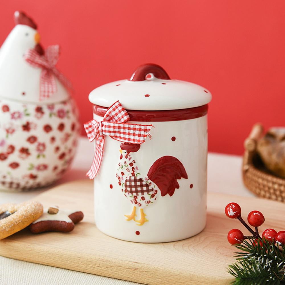 Ceramic Easter Sugar Canister with Rural Chicken & Floral Pattern, Rooster Hen Cookie Jar, Airtight Food Storage Container, Red