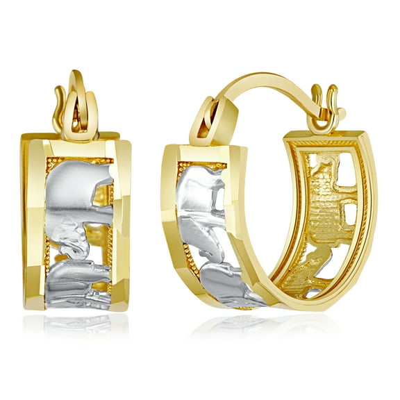 Wellingsale Ladies 14k Two Tone White and Yellow Gold Polished Fancy Elephant Hoop Earrings (11mm Diameter)