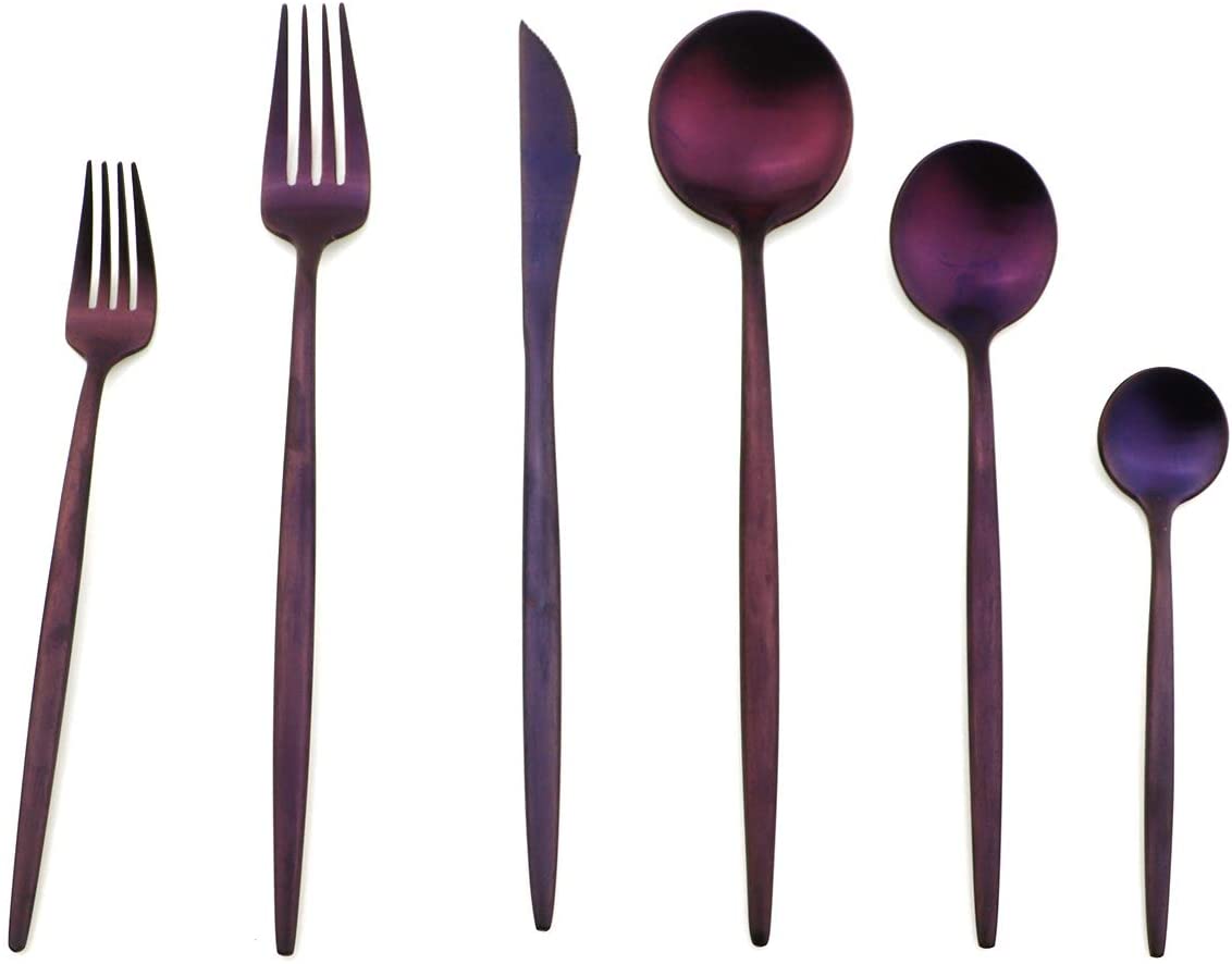 24 Pcs Luxury Silverware Set, 18/10 Stainless Steel Purple Flatware