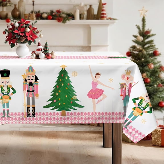Christmas Nutcracker Tree Tablecloth Waterproof,Pink Table Cloth Rectangle Stain Resistant, Washable Table Cover for Home Kitchen Dining Party Decoration (60×84 Inch)