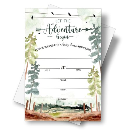 Forest Adventure Baby Shower Invitations Set with Envelopes - 25 Fill-In Cards for Gender Reveal and Family Celebrations - Perfect for Nature-Themed Parties