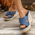 thumbnail image 3 of Rokment Womens Espadrilles Platform Wedge Sandals Trendy Casual Denim Leopard Buckles Open Toe Chunky High Heels Slip on Summer Dress Slides 2026 Blue Size 7, 3 of 6