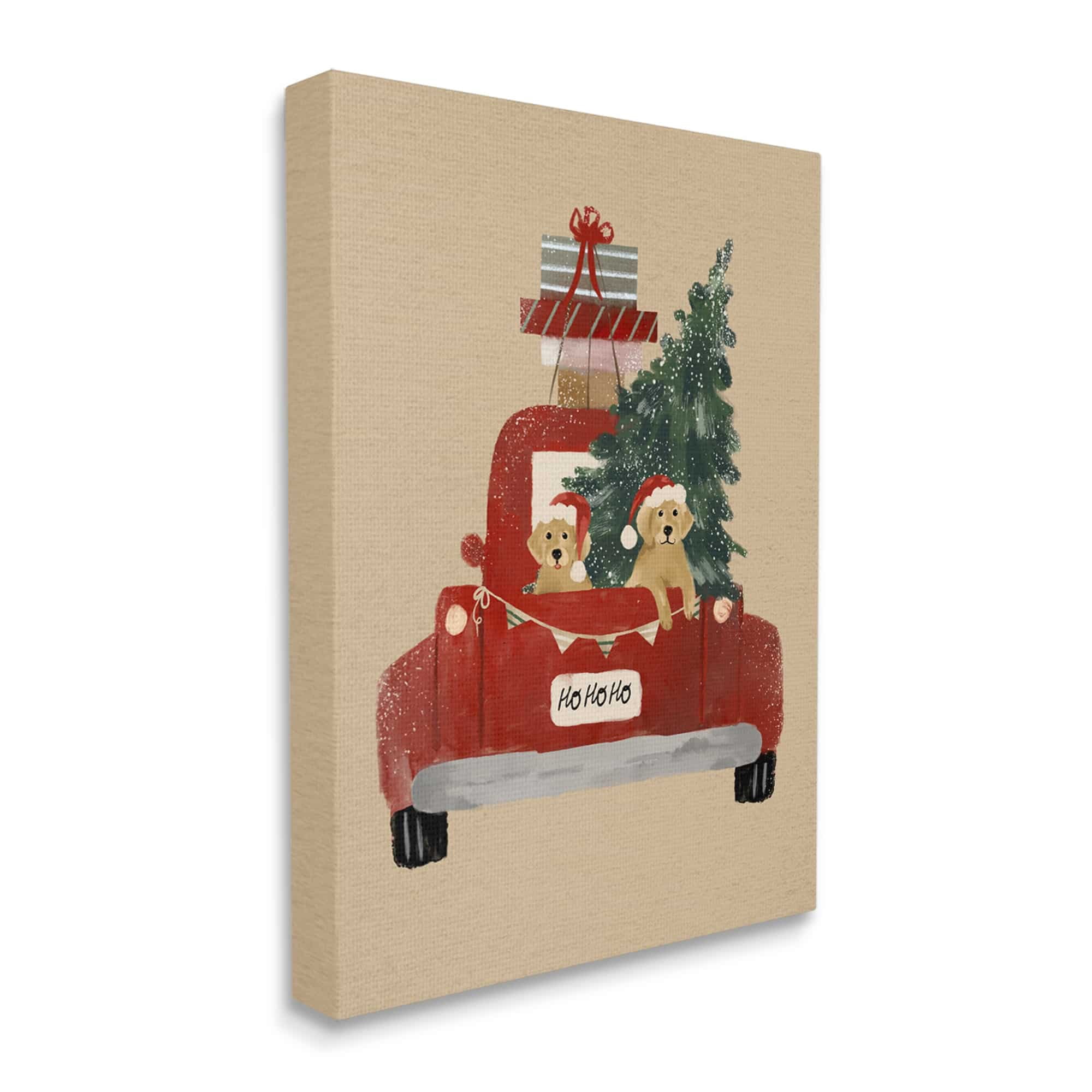 Dogs Wearing Festive Hats Christmas Tree Truck Animals & Insects Painting Gallery-Wrapped Canvas Print Wall Art