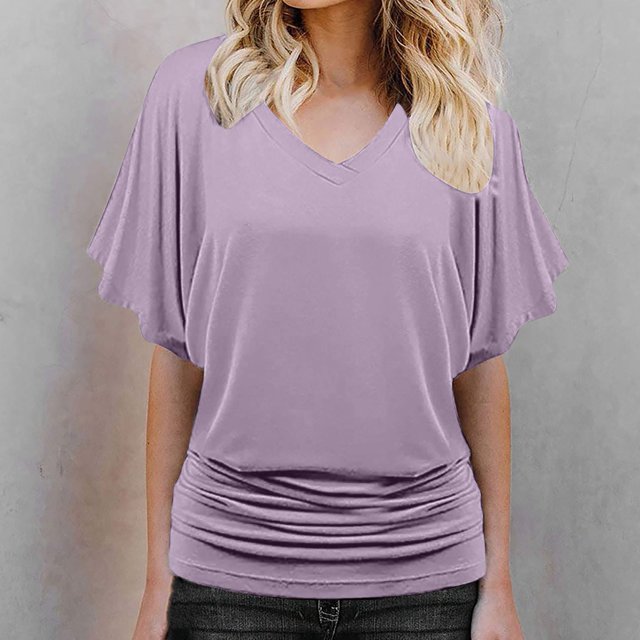ICHUANYI Clearance Fashion Casual Women Solid Short Sleeve Sleeve Blouse V-Neck Loose Tops(Purple, XXL) ICHUANYI WER2023080816291