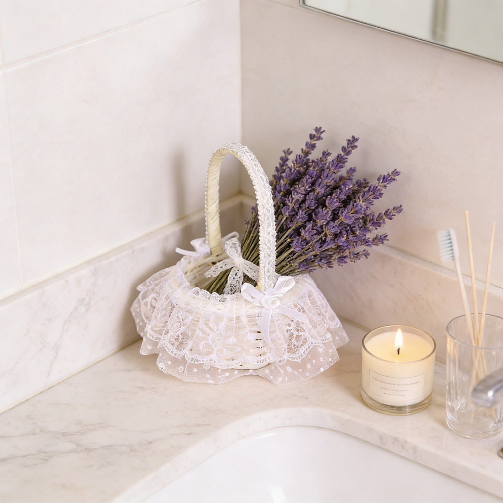 RuiJiao White Plastic Handheld Storage Basket with Floral Design, Lightweight Easter Decoration and Home Organization