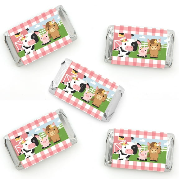 Big Dot of Happiness Girl Farm Animals - Mini Candy Bar Wrapper Stickers - Pink Barnyard Baby Shower or Birthday Party Small Favors - 40 Count