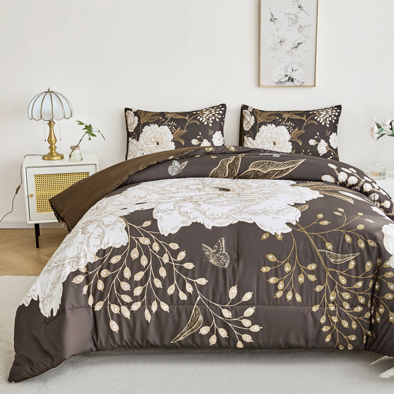 URBONUR 3 Pcs Floral Comforter Set Queen Size, Brown Gold Botanical Bedding Set, White Flower Butterfly Leaves Printed Bed Sets with 2 Pillowcases for Women Men