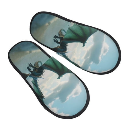 

KLL Cloud Sky Green Dragon Slippers for Women Men House Slip on Indoor Outdoor Bedroom Furry Fleece Lined Ladies Comfy Anti-Skid Rubber Hard Sole-Large