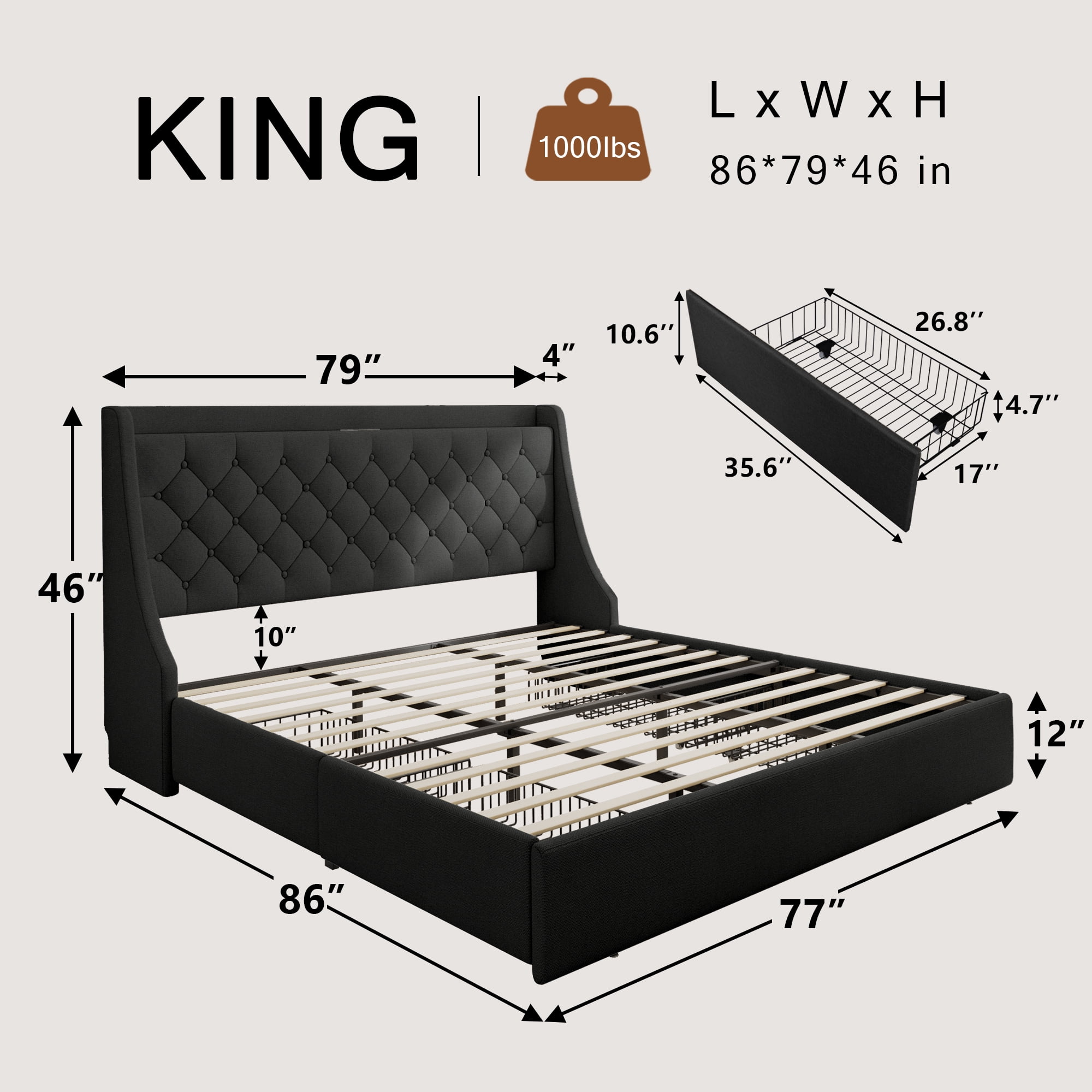 Honfach King Bed Frame with 4 Storage Drawers, Upholstered Platform Bed Frame with Type-C & USB Ports, Wingback Storage Headboard,Black