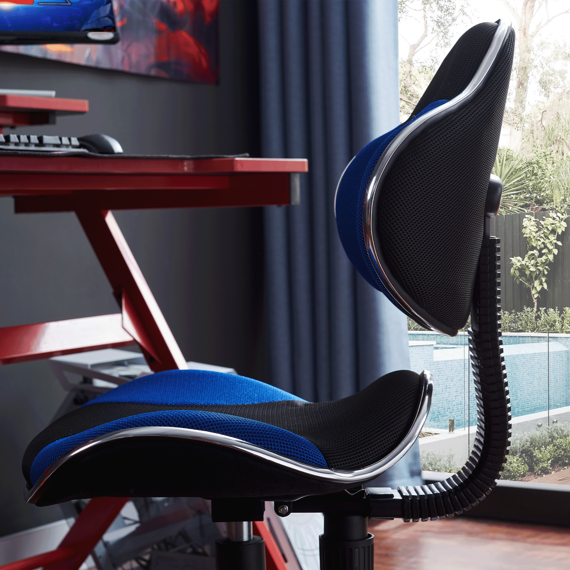 JJS Home Office Low Back Computer Executive Chair, Ergonomic Mesh Chair with Extra Large Base and Pads, BLK-BLU
