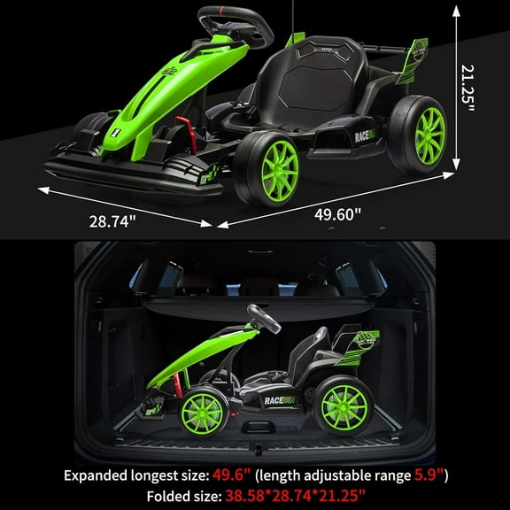 Acekid 24V Electric Drift Kart Adjustable Seat Variable Speed 8.5MPH EVA Silent Wheels Outdoor Ride-On Toy with Dual Pedals Green