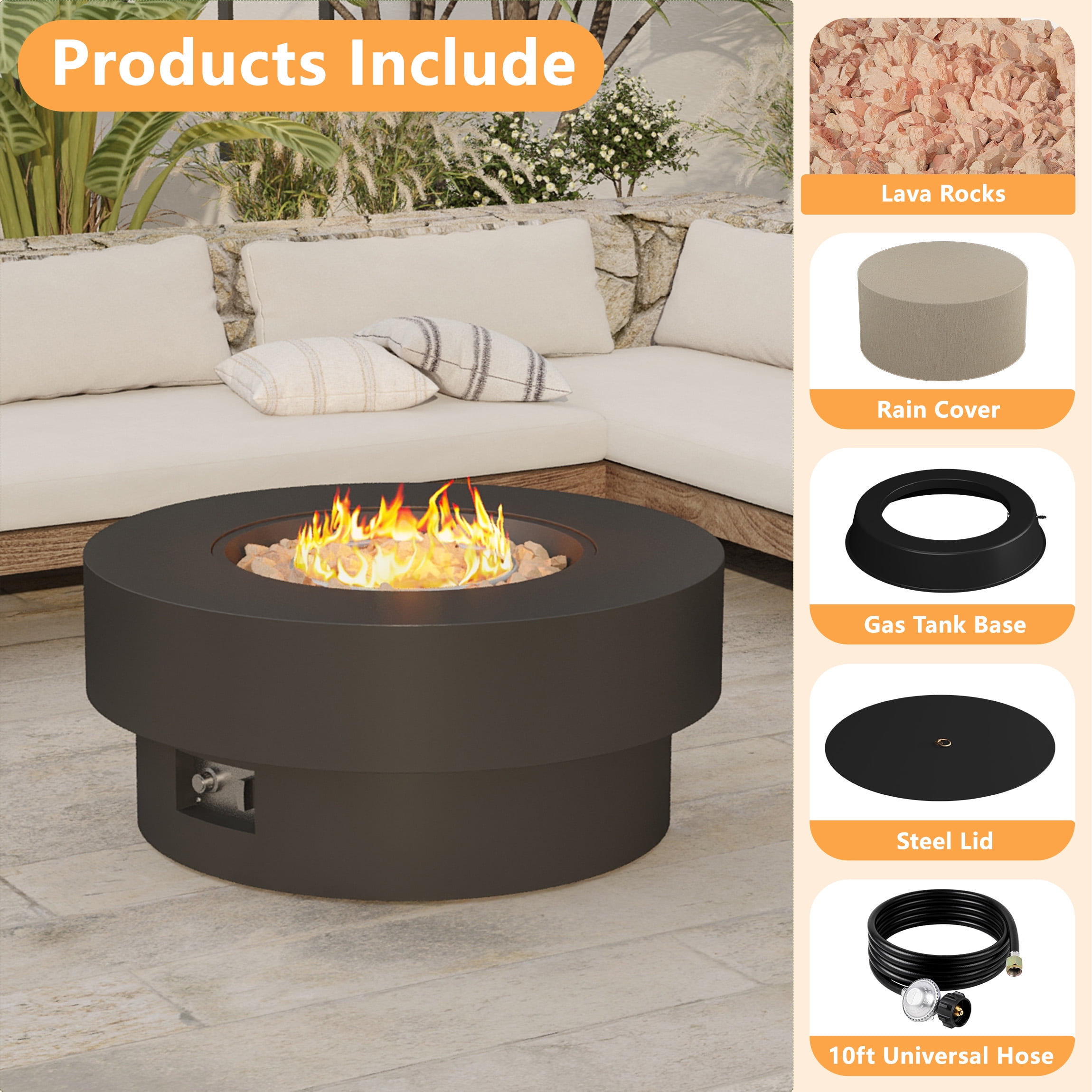 Wakeyard 32.5 inch Round Propane Fire Pit Table, 50000 BTU, Includes Lava Rock,Black
