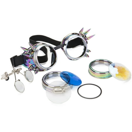 C.F.GOGGLE Vintage Kaleidoscope Glasses Rave Crystal Prism Steam punk Goggle Fashion Eyewear with Double Color Lenses and Ocular Loupe, Silver